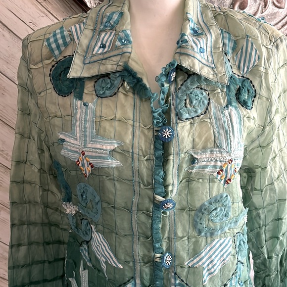 Sandy 100% silk, crinkle top, aqua and turquoise size large - Picture 1 of 10